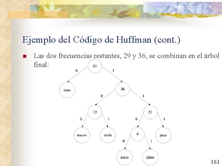 Ejemplo del Código de Huffman (cont. ) n Las dos frecuencias restantes, 29 y