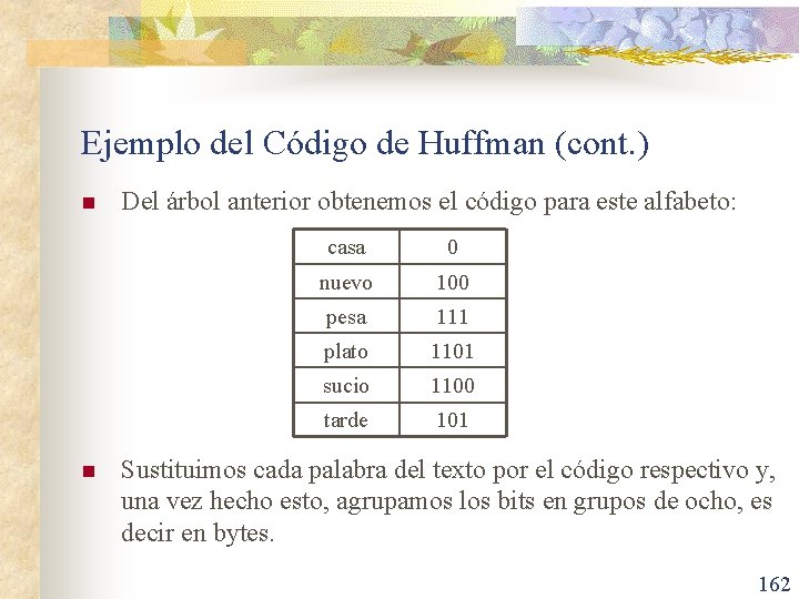 Ejemplo del Código de Huffman (cont. ) n n Del árbol anterior obtenemos el