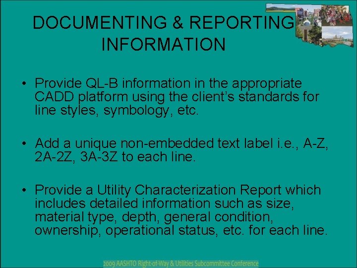 DOCUMENTING & REPORTING INFORMATION • Provide QL-B information in the appropriate CADD platform using