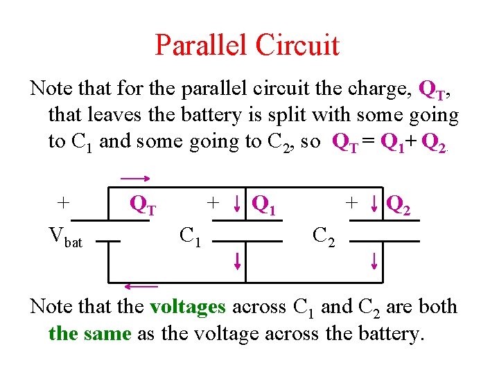 Parallel Circuit Note that for the parallel circuit the charge, QT, that leaves the