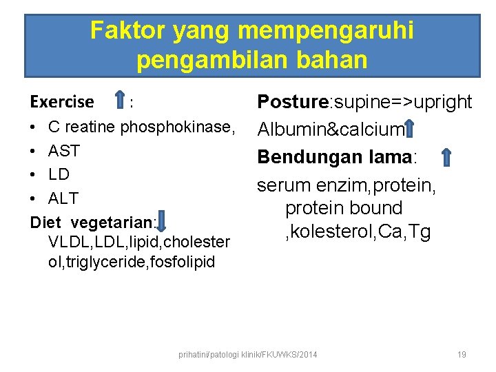 Faktor yang mempengaruhi pengambilan bahan Exercise : • C reatine phosphokinase, • AST •