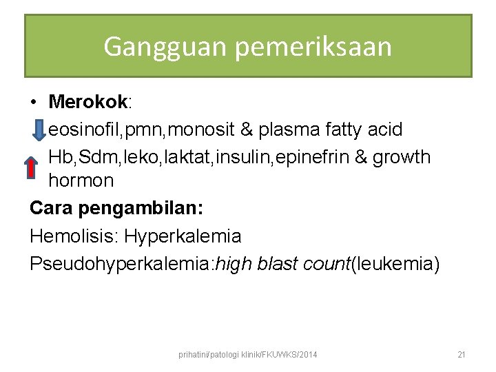 Gangguan pemeriksaan • Merokok: eosinofil, pmn, monosit & plasma fatty acid Hb, Sdm, leko,