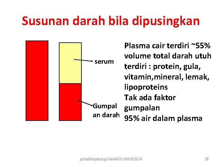 Susunan darah bila dipusingkan Plasma cair terdiri ~55% volume total darah utuh serum terdiri