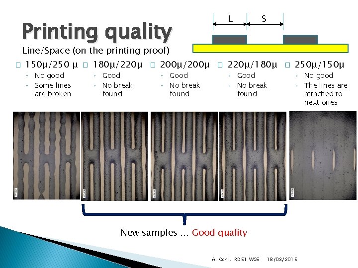 L Printing quality S Line/Space (on the printing proof) � 150μ/250 μ ◦ No