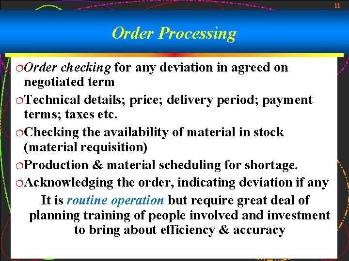 11 Order Processing ¦Order checking for any deviation in agreed on negotiated term ¦Technical