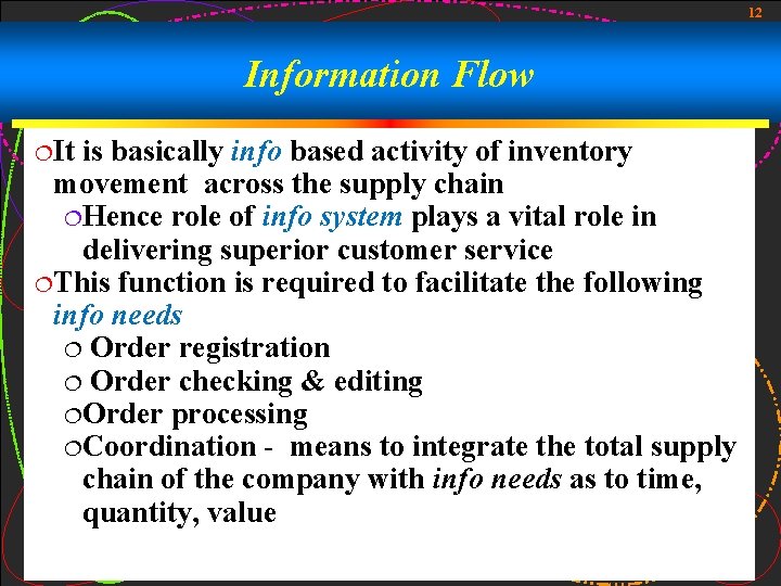 12 Information Flow ¦It is basically info based activity of inventory movement across the