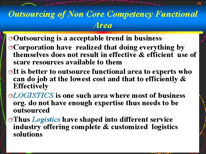 24 Outsourcing of Non Core Competency Functional Area ¦ Outsourcing is a acceptable trend