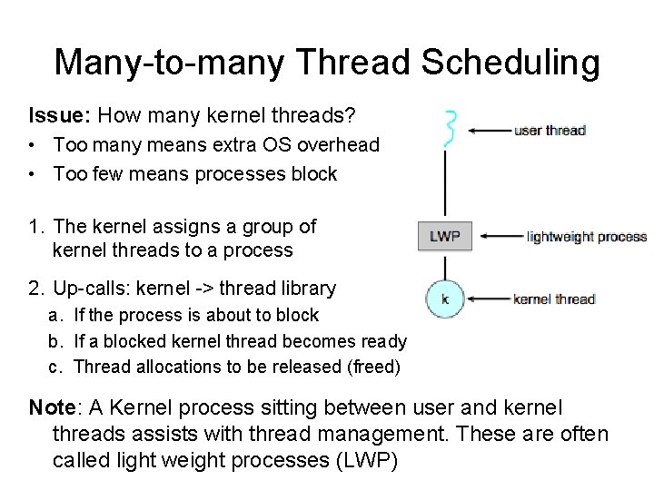 Many-to-many Thread Scheduling Issue: How many kernel threads? • Too many means extra OS