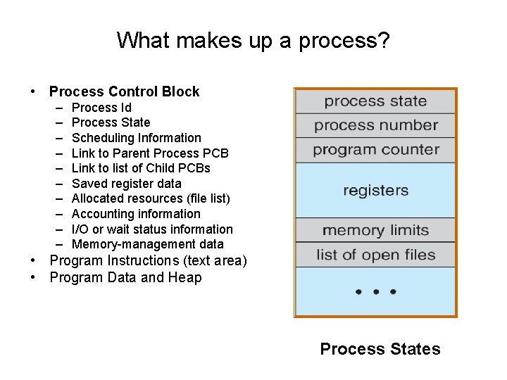 What makes up a process? • Process Control Block – – – – –