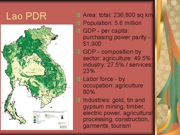 Lao PDR Area: total: 236, 800 sq km Population: 5. 6 million GDP -