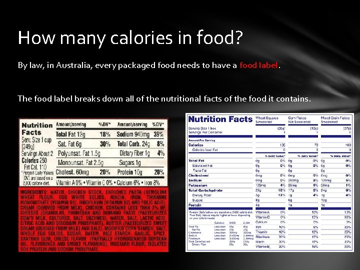 How many calories in food? By law, in Australia, every packaged food needs to