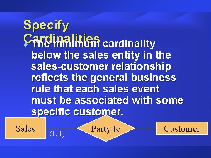 Specify Cardinalities t The minimum cardinality below the sales entity in the sales-customer relationship