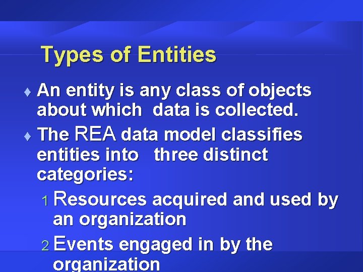 Types of Entities An entity is any class of objects about which data is