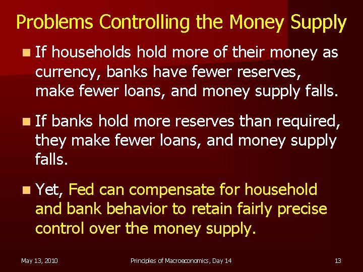 Problems Controlling the Money Supply n If households hold more of their money as