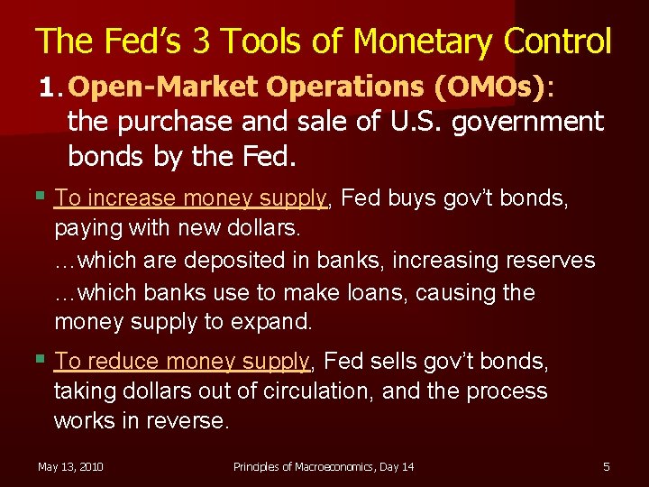 The Fed’s 3 Tools of Monetary Control 1. Open-Market Operations (OMOs): the purchase and