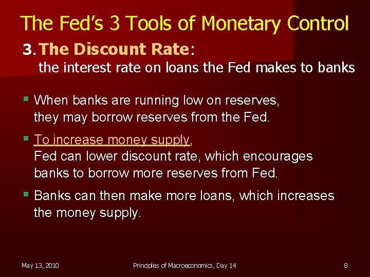 The Fed’s 3 Tools of Monetary Control 3. The Discount Rate: the interest rate