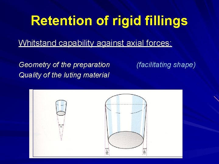 Retention of rigid fillings Whitstand capability against axial forces: Geometry of the preparation Quality