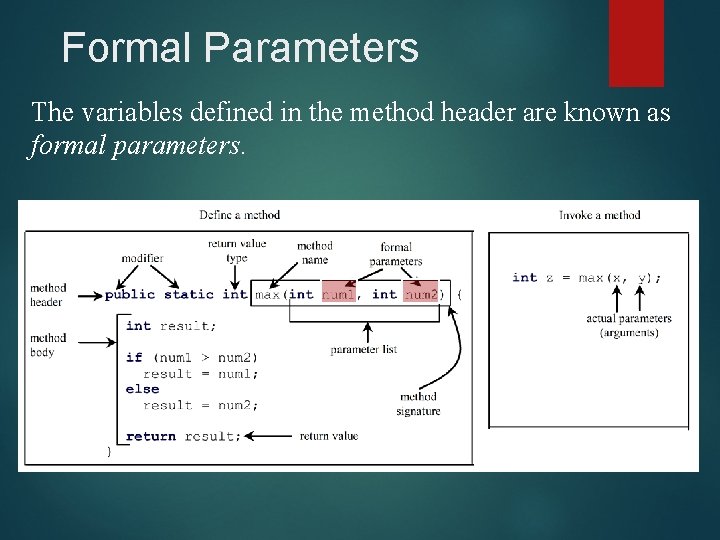 Formal Parameters The variables defined in the method header are known as formal parameters.