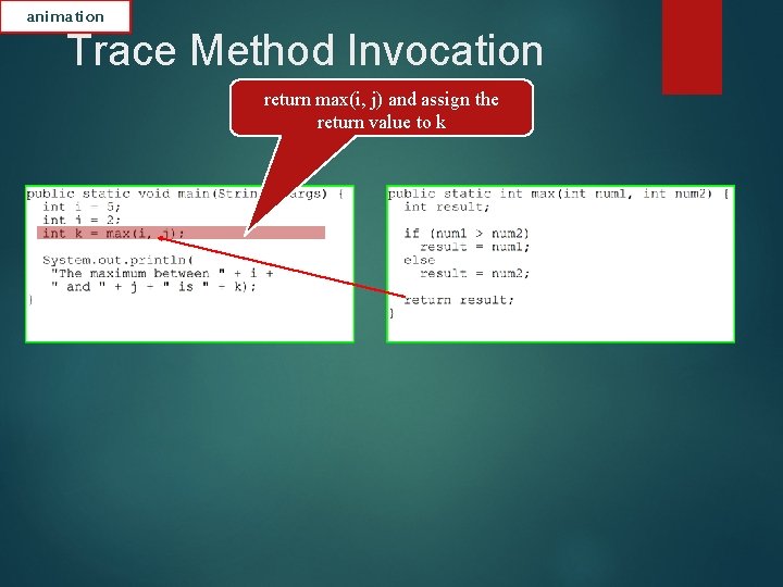 animation Trace Method Invocation return max(i, j) and assign the return value to k