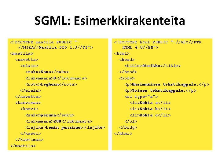 SGML: Esimerkkirakenteita <!DOCTYPE maatila PUBLIC "//MIKA//Maatila DTD 1. 0//FI"> <maatila> <navetta> <elain> <suku>Kana</suku> <lukumaara>8</lukumaara>