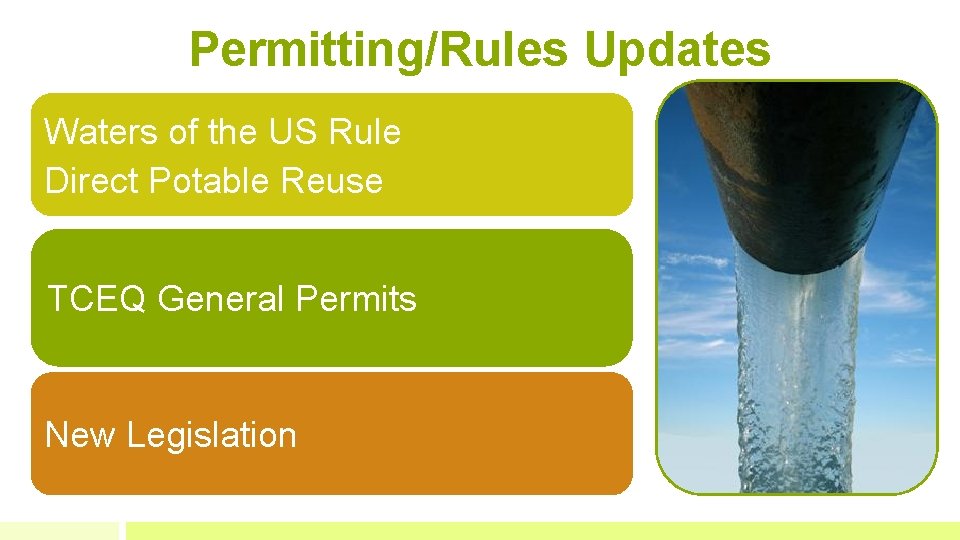 Permitting/Rules Updates Waters of the US Rule Direct Potable Reuse TCEQ General Permits New