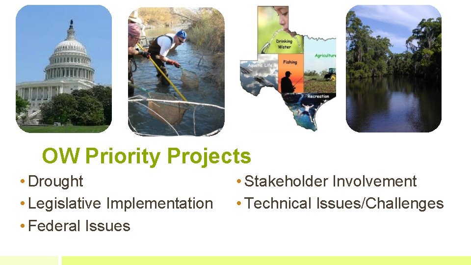 OW Priority Projects • Drought • Legislative Implementation • Federal Issues • Stakeholder Involvement