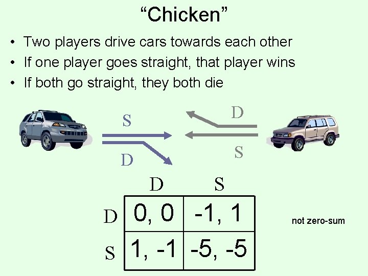 “Chicken” • Two players drive cars towards each other • If one player goes