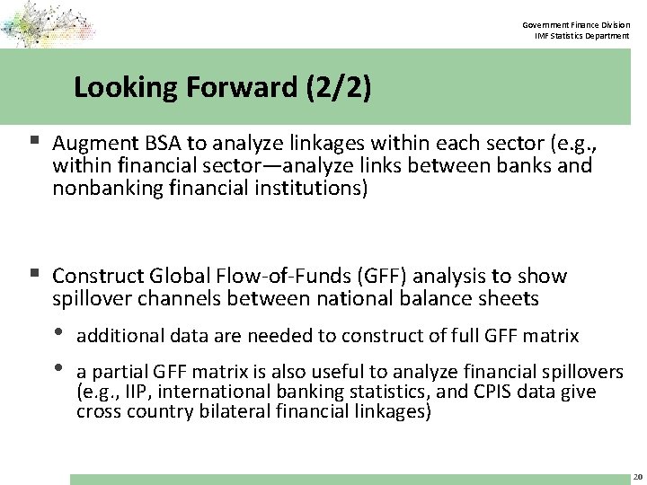 Government Finance Division IMF Statistics Department Looking Forward (2/2) § Augment BSA to analyze