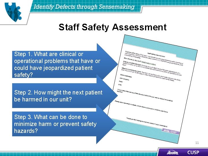 Staff Safety Assessment Step 1. What are clinical or operational problems that have or