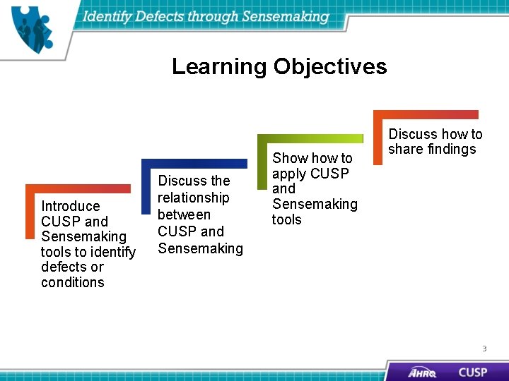 Learning Objectives Introduce CUSP and Sensemaking tools to identify defects or conditions Discuss the