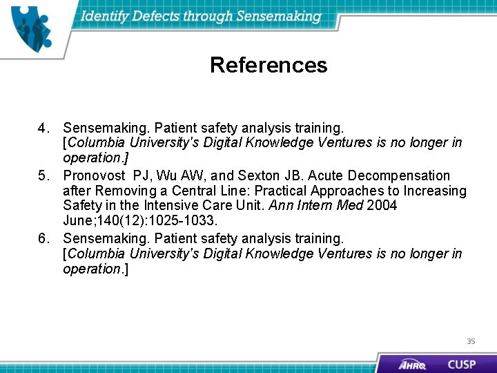 References 4. Sensemaking. Patient safety analysis training. [Columbia University's Digital Knowledge Ventures is no