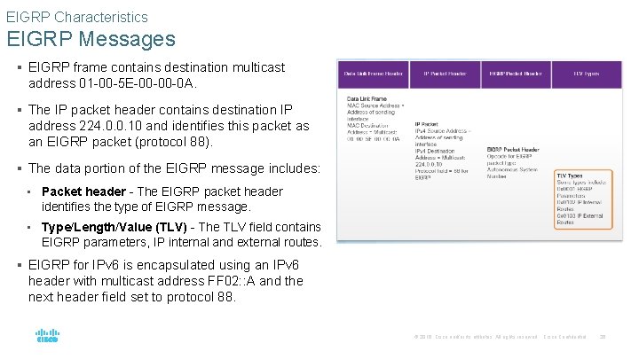 EIGRP Characteristics EIGRP Messages § EIGRP frame contains destination multicast address 01 -00 -5