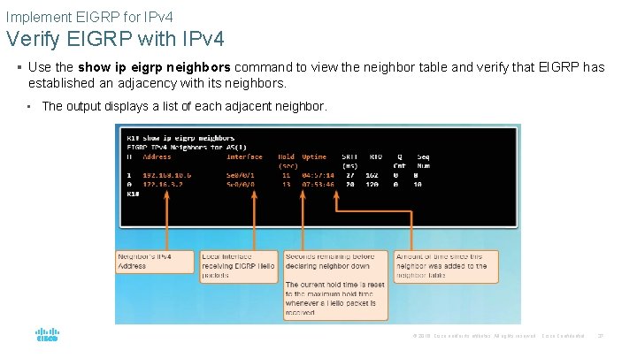 Implement EIGRP for IPv 4 Verify EIGRP with IPv 4 § Use the show