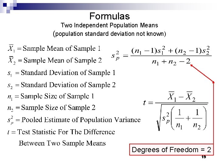 Formulas Two Independent Population Means (population standard deviation not known) Degrees of Freedom =