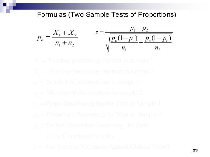 Formulas (Two Sample Tests of Proportions) 29 