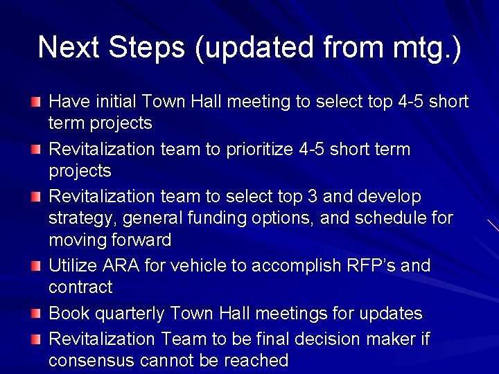 Next Steps (updated from mtg. ) Have initial Town Hall meeting to select top