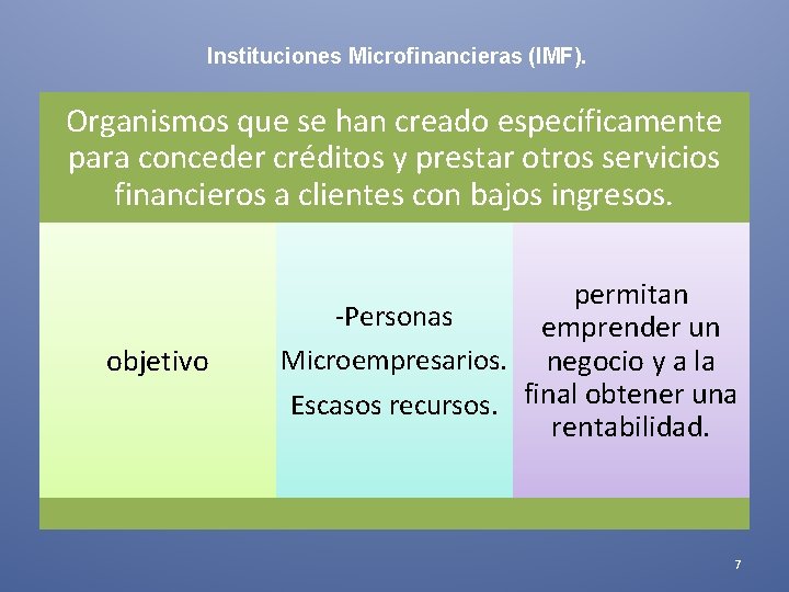 Instituciones Microfinancieras (IMF). Organismos que se han creado específicamente para conceder créditos y prestar