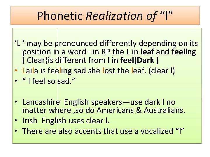 Phonetic Realization of “l” ‘L ‘ may be pronounced differently depending on its position