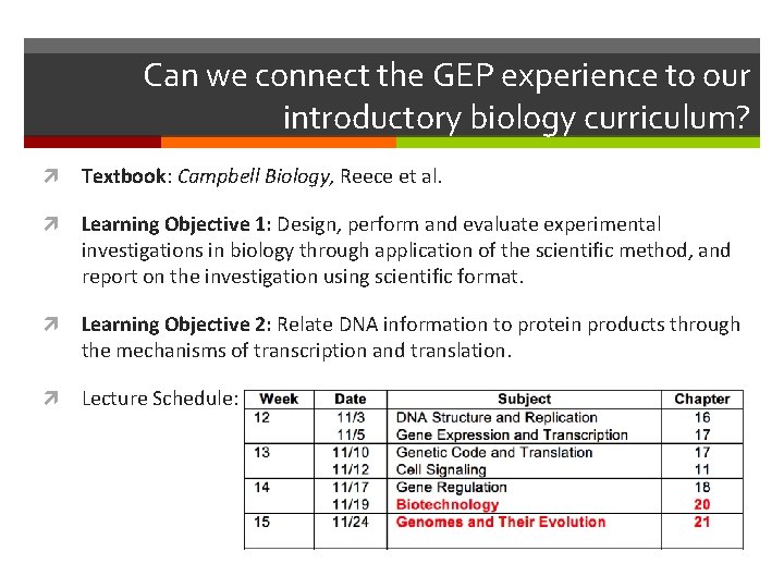 Can we connect the GEP experience to our introductory biology curriculum? Textbook: Campbell Biology,