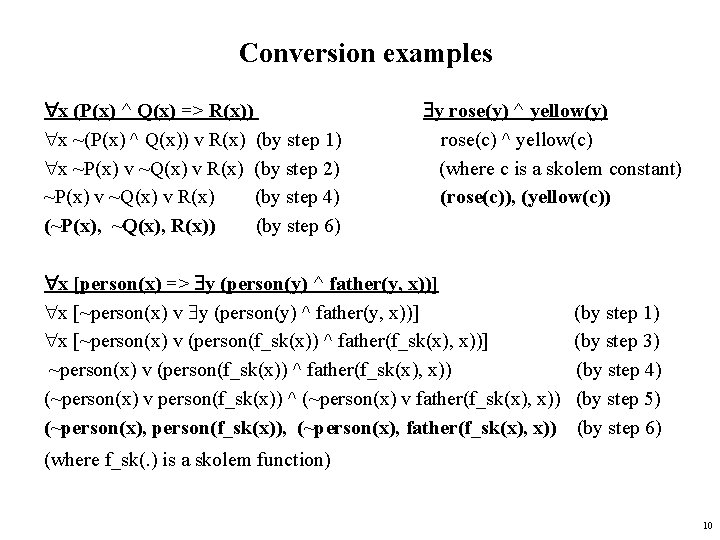 Conversion examples x (P(x) ^ Q(x) => R(x)) x ~(P(x) ^ Q(x)) v R(x)