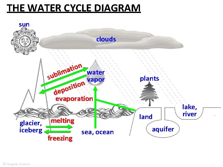 THE WATER CYCLE DIAGRAM sun clouds ion t a water lim b u s