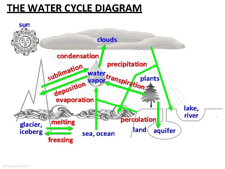 THE WATER CYCLE DIAGRAM sun clouds condensation precipitation n o i t a watertr