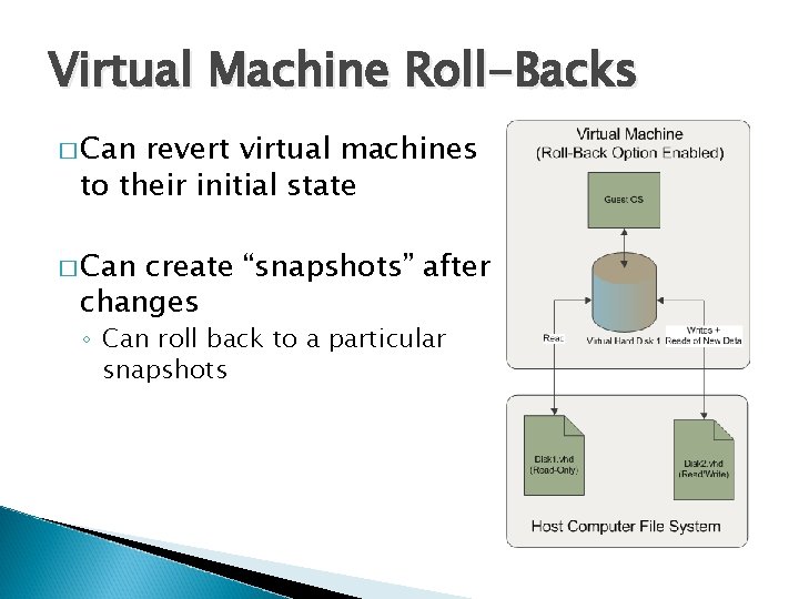 Virtual Machine Roll-Backs � Can revert virtual machines to their initial state � Can