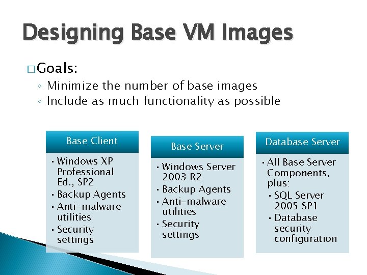 Designing Base VM Images � Goals: ◦ Minimize the number of base images ◦
