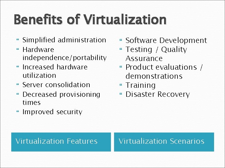 Benefits of Virtualization Simplified administration Hardware independence/portability Increased hardware utilization Server consolidation Decreased provisioning