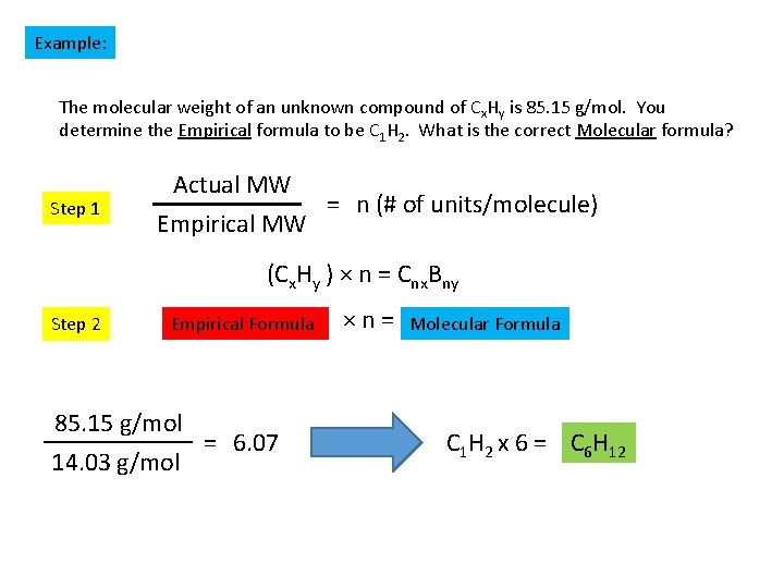 Example: The molecular weight of an unknown compound of Cx. Hy is 85. 15