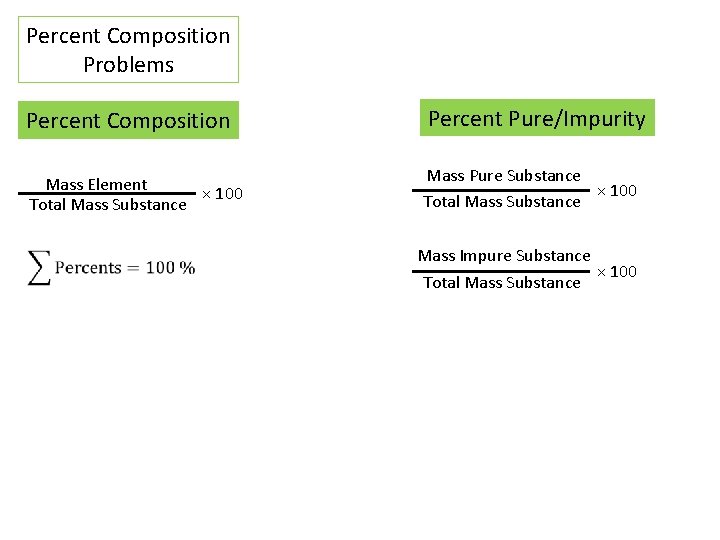 Percent Composition Problems Percent Composition Percent Pure/Impurity Mass Element × 100 Total Mass Substance