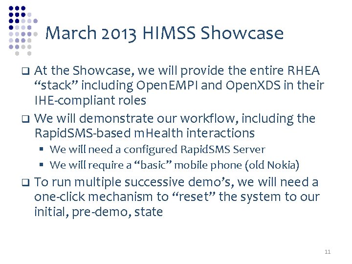 March 2013 HIMSS Showcase At the Showcase, we will provide the entire RHEA “stack”