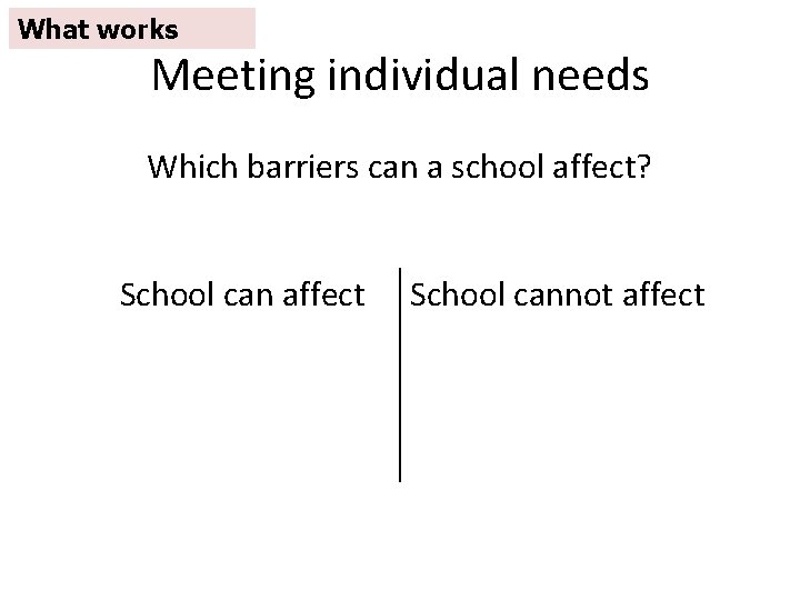 What works Meeting individual needs Which barriers can a school affect? School can affect