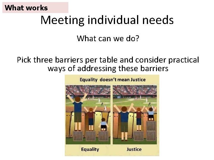 What works Meeting individual needs What can we do? Pick three barriers per table